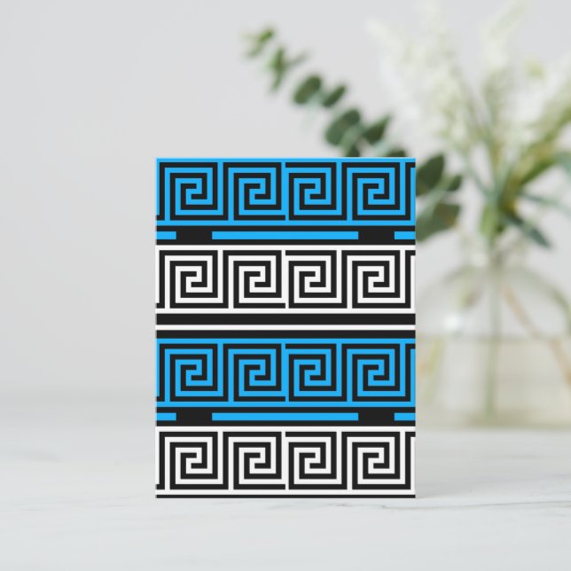 Blue Black White Greek Key Fret Pattern Design  Postcard (Standing Front)