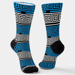 Blue Black White Greek Key Fret Pattern Design Socks