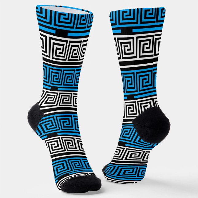Blue Black White Greek Key Fret Pattern Design  Socks (Creator Uploaded)