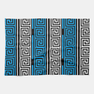 Blue Black White Greek Key Fret Pattern Design Tea Towel