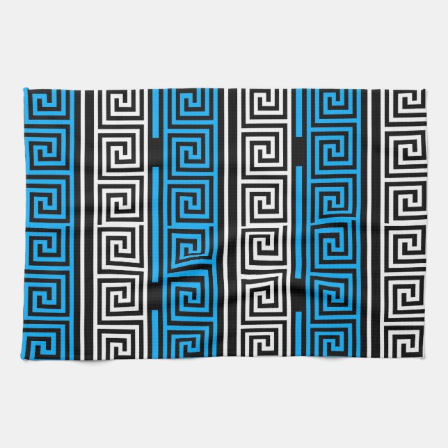 Blue Black White Greek Key Fret Pattern Design  Tea Towel (Horizontal)