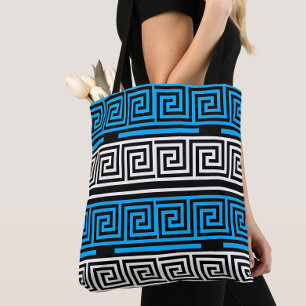 Blue Black White Greek Key Fret Pattern Design  Tote Bag