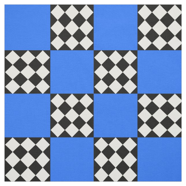 Blue Black White Harlequin Square Shape Textile Fabric (Swatch)