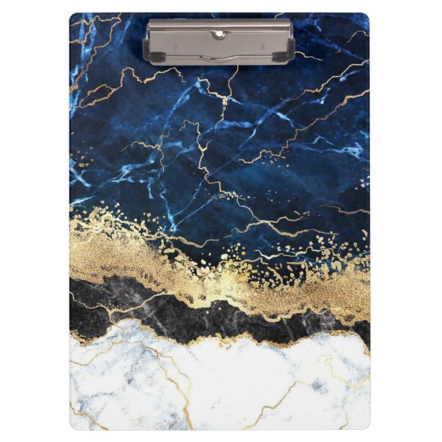 Blue Black White Marble Glam Clipboard (Front)