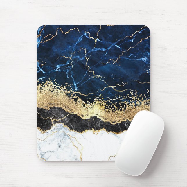 Blue Black White Marble Glam Mouse Mat (With Mouse)