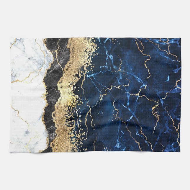 Blue Black White Marble Glam Tea Towel (Horizontal)