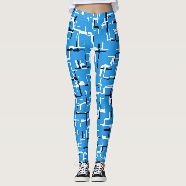 Blue Black White Modern Abstract Pattern Leggings (Front)
