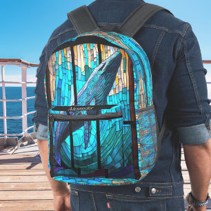 Blue Black White Orka Whale Stain Glass look  Printed Backpack