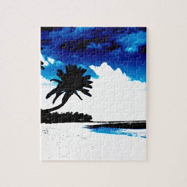 Blue Black White palm Tree Silhouette Jigsaw Puzzle (Vertical)