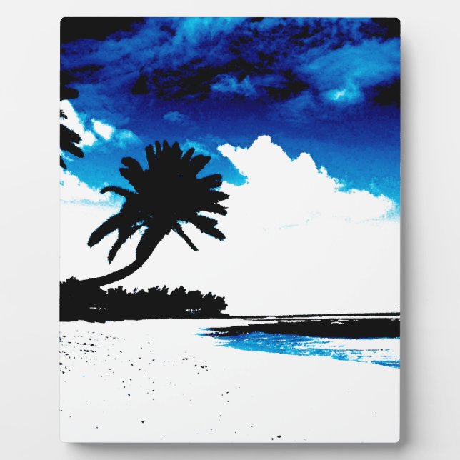 Blue Black White palm Tree Silhouette Plaque (Front)