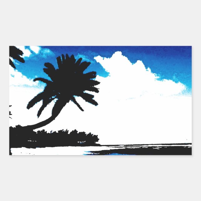 Blue Black White palm Tree Silhouette Rectangular Sticker (Front)