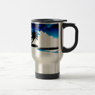 Blue Black White palm Tree Silhouette Travel Mug
