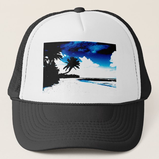 Blue Black White palm Tree Silhouette Trucker Hat (Front)