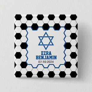 Blue Black White Soccer Ball Bar Mitzvah 15 Cm Square Badge