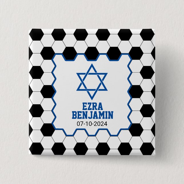 Blue Black White Soccer Ball Bar Mitzvah 15 Cm Square Badge (Front)