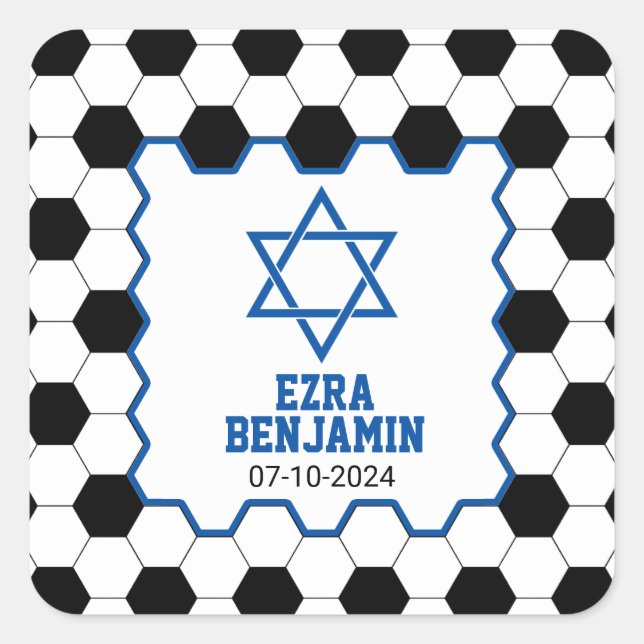 Blue Black White Soccer Ball Bar Mitzvah Square Sticker (Front)