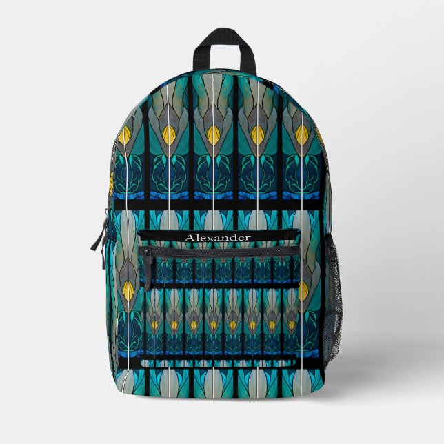 Blue Black White  Stain Glass look  Printed Backpack (Front)