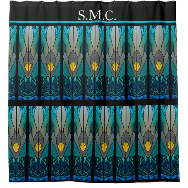 Blue Black White  Stain Glass look  Shower Curtain (Front)