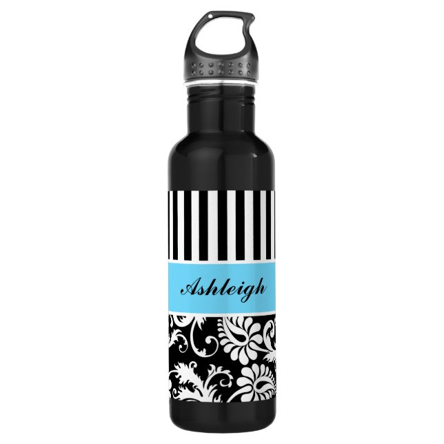 Blue, Black, White Striped Damask 710 Ml Water Bottle (Front)