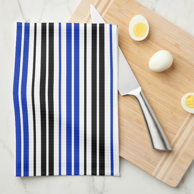 Blue Black White Stripes Pattern Design  Tea Towel (Quarter Fold)