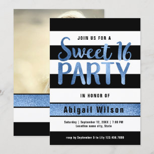 Blue black white sweet sixteen birthday party invitation