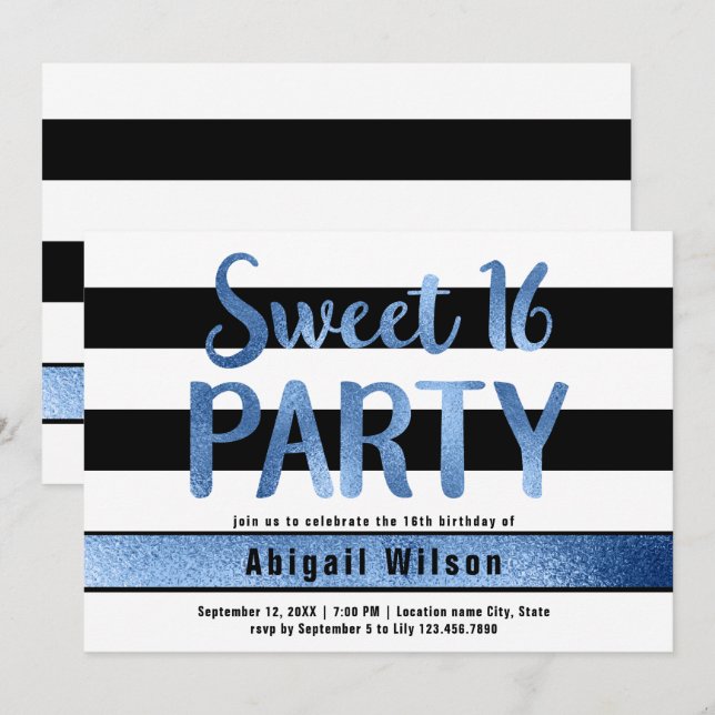 Blue black white sweet sixteen birthday party invitation (Front/Back)