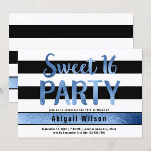Blue black white sweet sixteen birthday party invitation