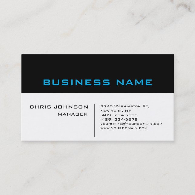 Blue Black White Unique Chic Manager Business Card (Front)