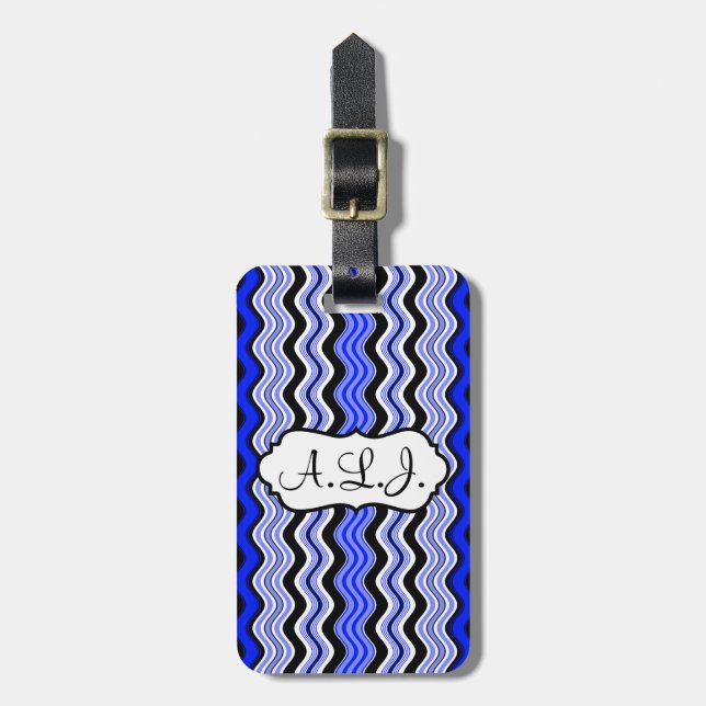 Blue, Black, White Wavy Stripes Luggage Tag (Front Vertical)
