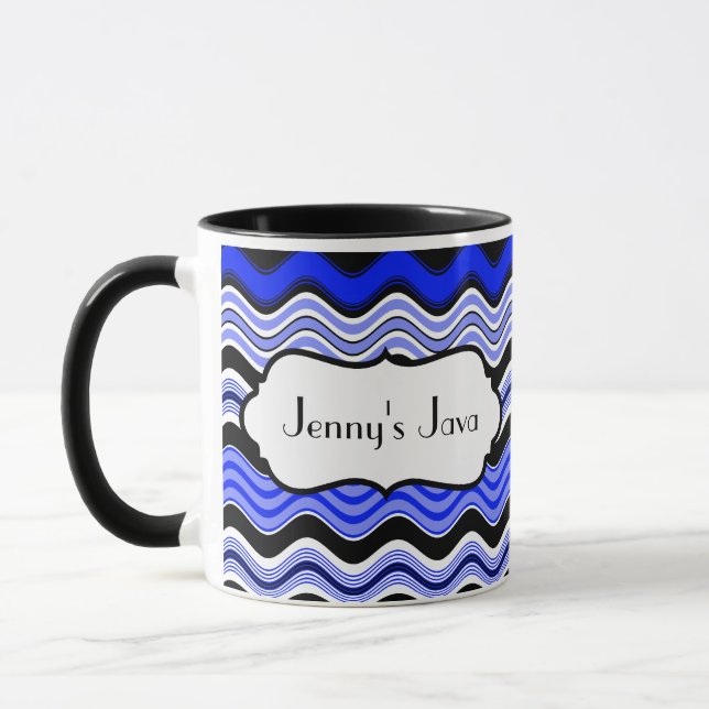 Blue, Black, White Wavy Stripes Personalised Mug (Left)