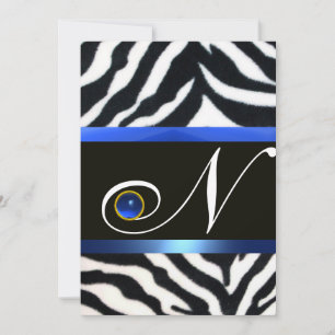 BLUE BLACK WHITE ZEBRA FUR MONOGRAM,Sapphire Invitation