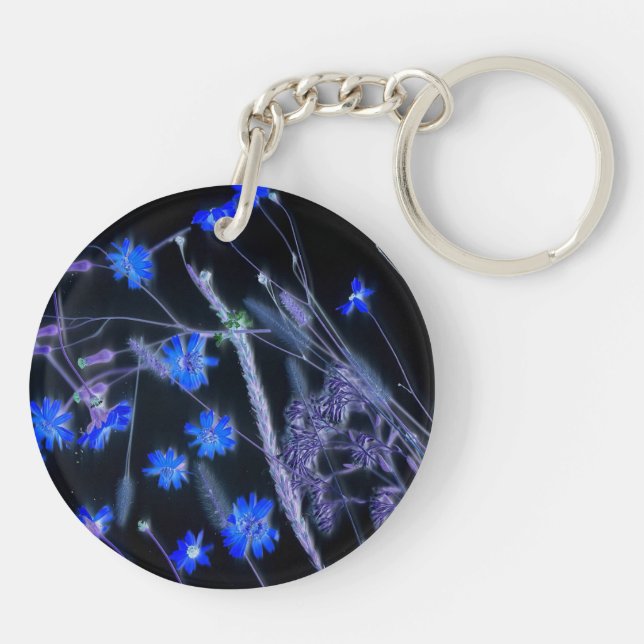 Blue Black wildflower scan design Key Ring (Back)