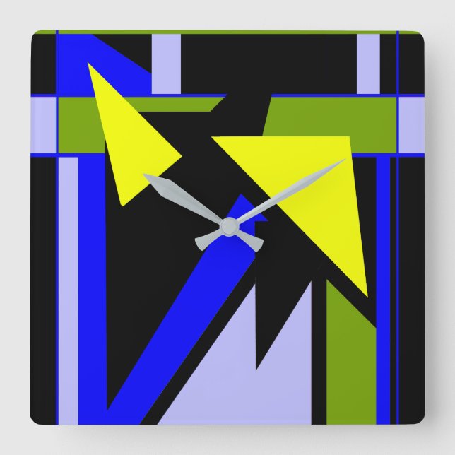 Blue Black Yellow Green Geometric Shapes Square Wall Clock (Front)