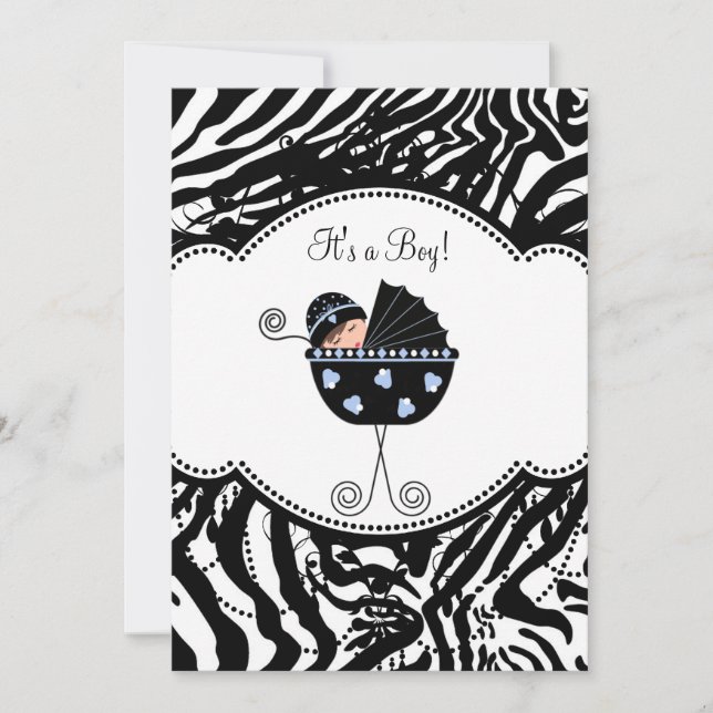 Blue Black Zebra Baby Boy Shower Invitations (Front)
