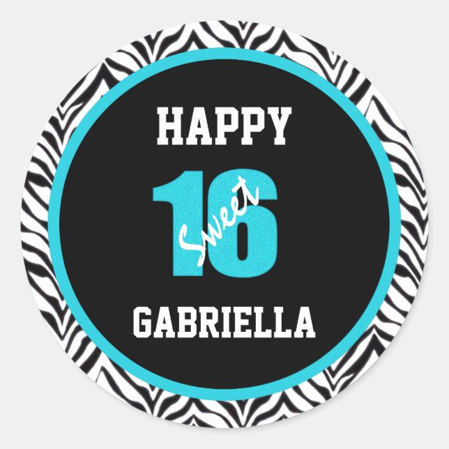 Blue & Black Zebra Personalised Sweet 16 Stickers (Front)