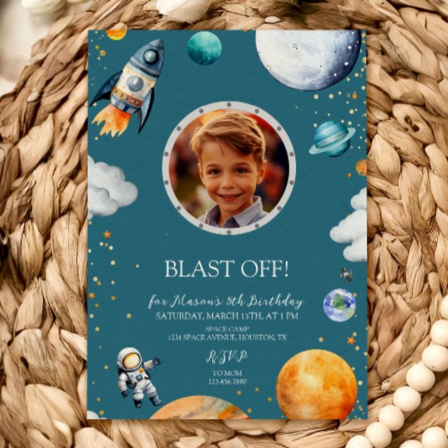 Blue Blast Off Photo Space Theme Kids Birthday Invitation (Creator Uploaded)