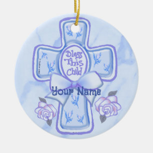 Blue Bless This Child Christian Cross Ornament