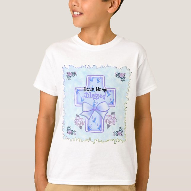 Blue Bless This Child Christian Cross  T-Shirt (Front)