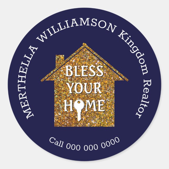 Blue BLESS YOUR HOME Real Estate Realtor Classic Round Sticker (Front)