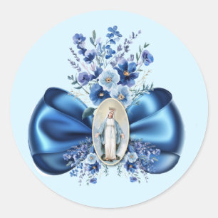 Blue Blessed Mother Mary Floral Religious Catholic Classic Round Sticker