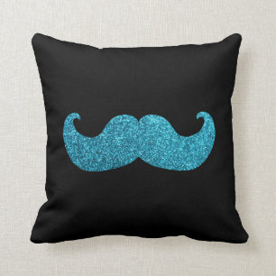 Blue Bling moustache  (Faux Glitter Graphic) Cushion