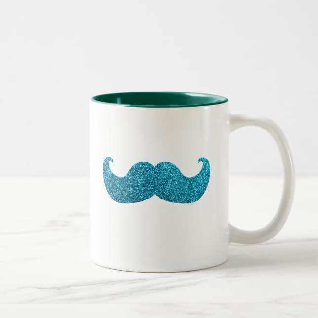Blue Bling moustache  (Faux Glitter Graphic) Two-Tone Coffee Mug (Right)