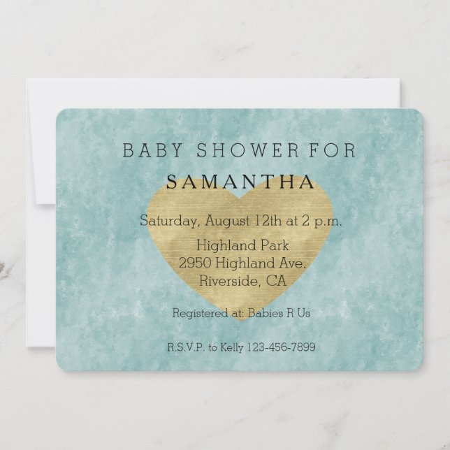 Blue Bliss Gold Heart baby shower Invitation (Front)
