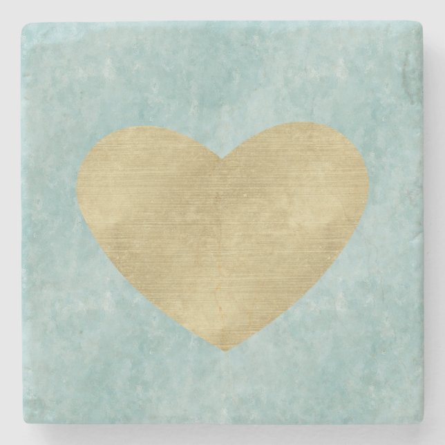Blue Bliss Gold Heart Stone Coaster (Front)