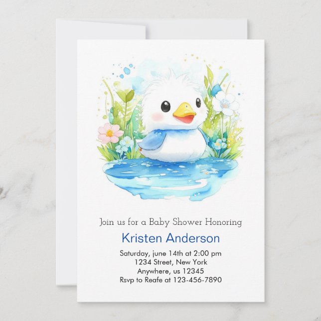 Blue Blissful Watercolor Duck Boy Baby Shower Invitation (Front)