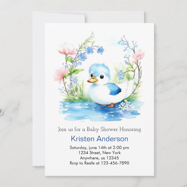 Blue Blissful Watercolor Duckling Boy Baby Shower Invitation (Front)