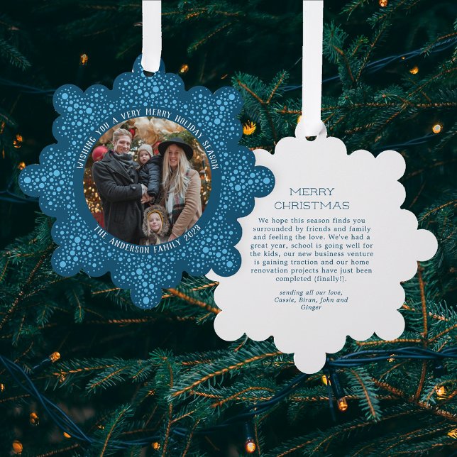 Blue Blizzard Dots Snowy Photo Holiday Christmas Tree Decoration Card (Creator Uploaded)