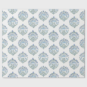 Blue Block Print Medallion on Ivory Wrapping Paper
