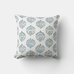 Blue Block Print Medallion, Sage Leaves Cushion