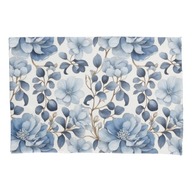  Blue Bloom Reverie – Floral Pillowcase (Front)